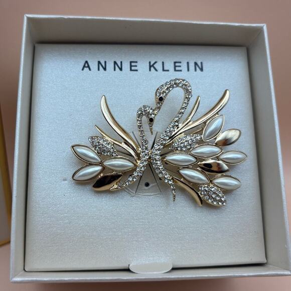 Anne Klein Swan Brooch Pin Rose Gold Tone Crystal Mother-of-Pearl Boxed New - Picture 3 of 4